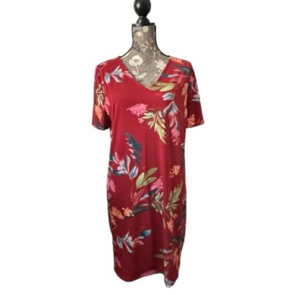 Christian Siriano Large Red & Multicolor Floral Short Sleeve V Neck Shirt Dress